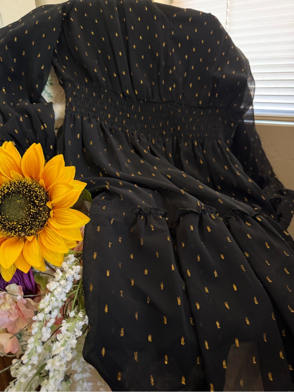 Taylor Sheer Black Lantern-Sleeve Dress with Gold Accents